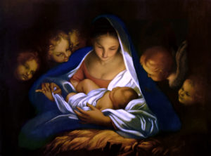 Baroque painting of the Blessed Virgin Mary with the baby Jesus surrounded by angels in a painting by Carlo Maratta from 1655